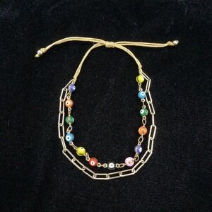 Dainty Evil Eye Double Bracelet w/Gold Tone Chain, Multi-Color, Adjustable Cord